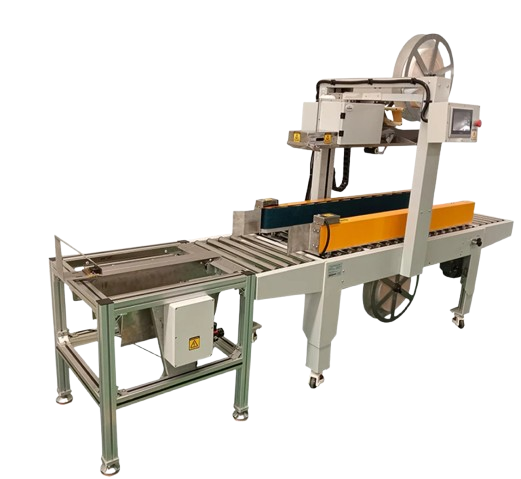 Fully automatic water-activated tape case sealer with adjustable case sizing on a conveyor system